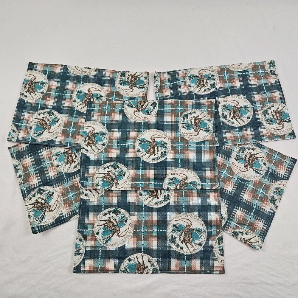 Vintage Cowboy Placemats Horse Roping South Western Rodeo Set of 6 Handmade